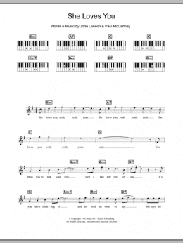 page one of She Loves You (Piano Chords/Lyrics)