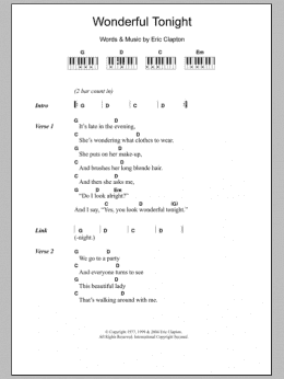 page one of Wonderful Tonight (Piano Chords/Lyrics)