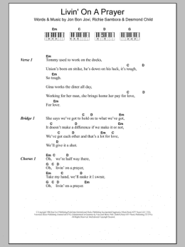 page one of Livin' On A Prayer (Piano Chords/Lyrics)