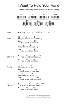 page one of I Want To Hold Your Hand (Piano Chords/Lyrics)