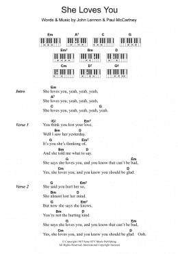 page one of She Loves You (Piano Chords/Lyrics)