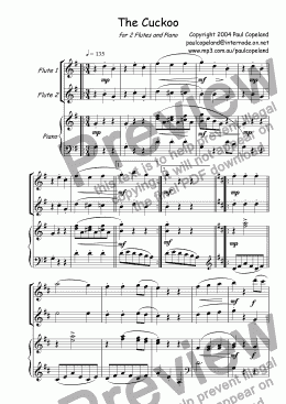 page one of The Cuckoo for 2 Flutes and Piano