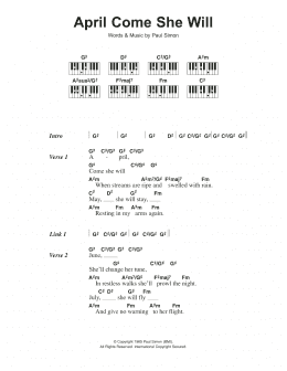 page one of April Come She Will (Piano Chords/Lyrics)