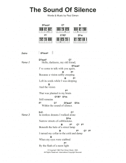 page one of The Sound Of Silence (Piano Chords/Lyrics)