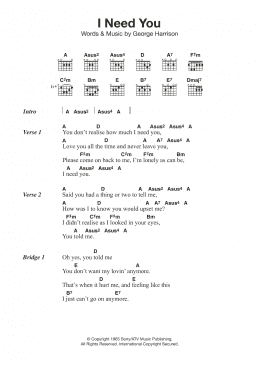 page one of I Need You (Guitar Chords/Lyrics)