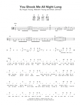 page one of You Shook Me All Night Long (Ukulele Chords/Lyrics)