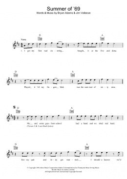 page one of Summer Of '69 (Lead Sheet / Fake Book)