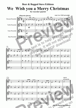 page one of We wish you a Merry Christmas for recorder quartet