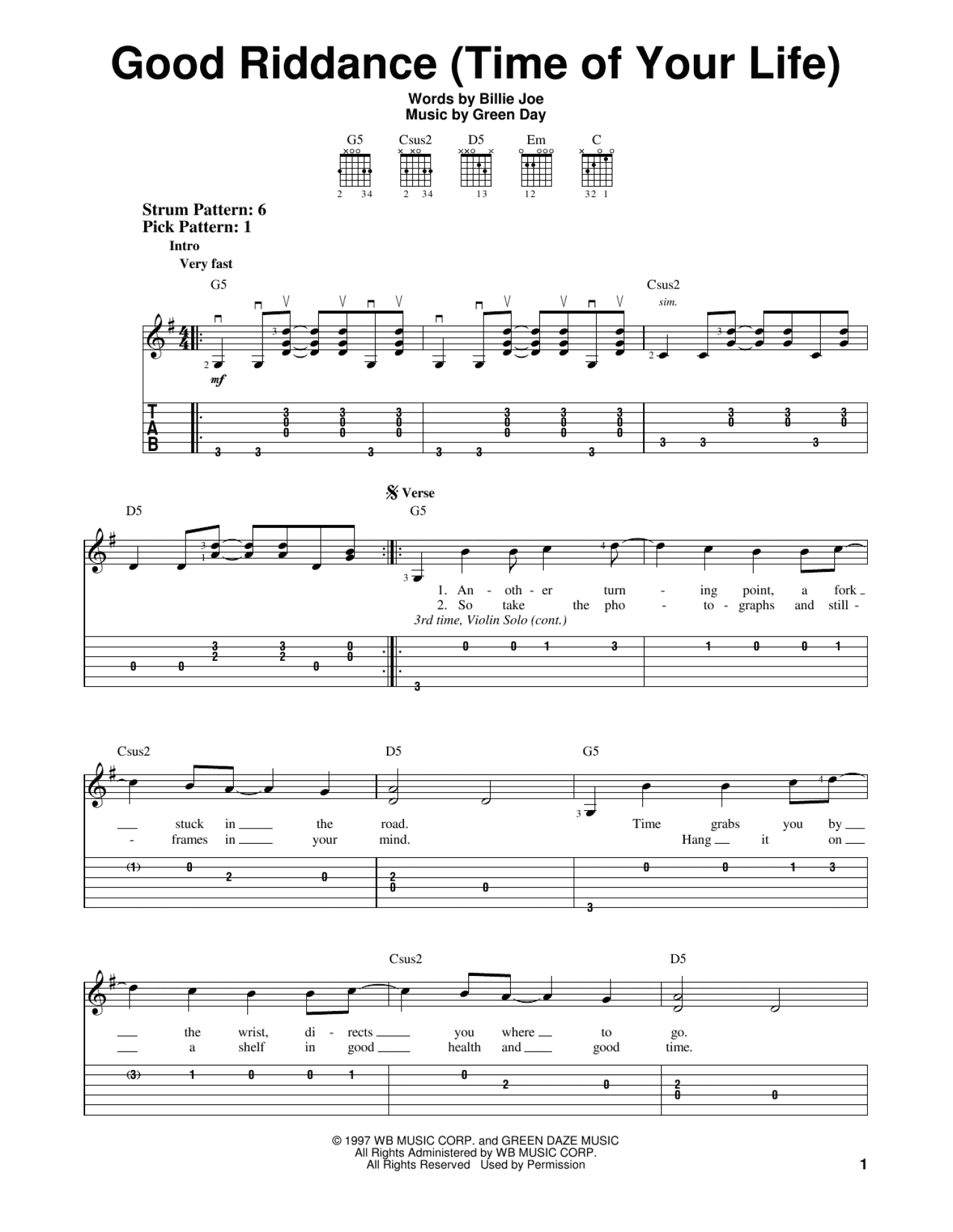 time of your life sheet music guitar