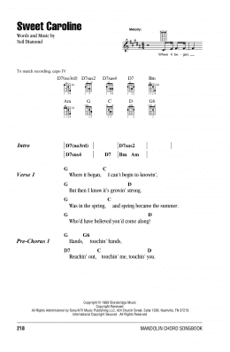 page one of Sweet Caroline (Mandolin Chords/Lyrics)