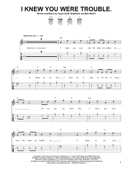 page one of I Knew You Were Trouble (Easy Guitar Tab)