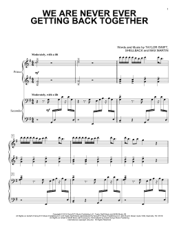 page one of We Are Never Ever Getting Back Together (Piano Duet)