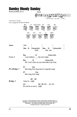 page one of Sunday Bloody Sunday (Guitar Chords/Lyrics)