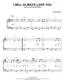 page one of I Will Always Love You (Very Easy Piano)