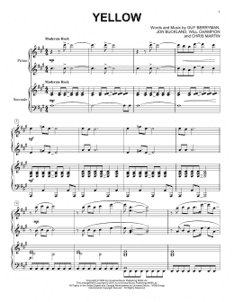 page one of Yellow (Piano Duet)