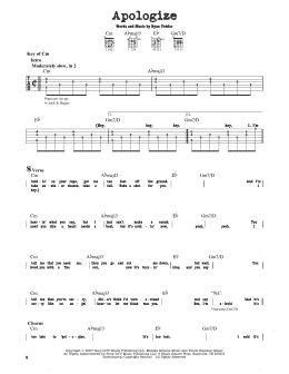 page one of Apologize (Guitar Cheat Sheet)