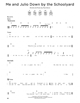 page one of Me and Julio Down By The Schoolyard (Guitar Cheat Sheet)