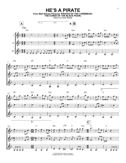 page one of He's A Pirate (from Pirates Of The Caribbean: The Curse of the Black Pearl) (Guitar Ensemble)