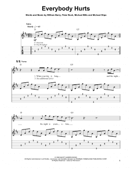 page one of Everybody Hurts (Easy Guitar Tab)