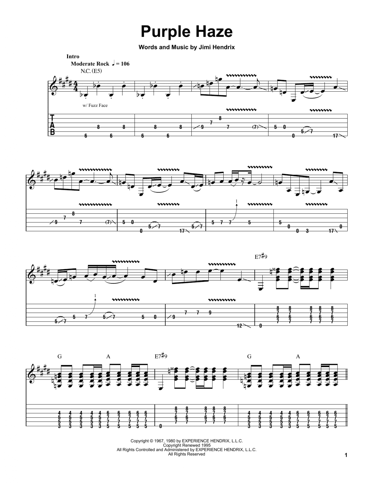 purple haze guitar sheet music