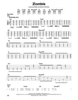 page one of Zombie (Guitar Cheat Sheet)