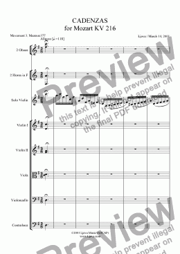 page one of Original Cadenza for Mozart's G Major Violin Concerto, KV216 (3rd Movement) - with orchestral accomp