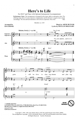 page one of Here's To Life (SSA Choir)