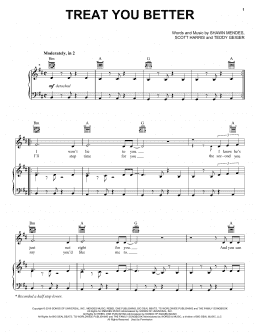 page one of Treat You Better (Piano, Vocal & Guitar Chords (Right-Hand Melody))