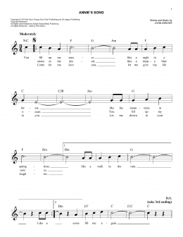 page one of Annie's Song (Easy Lead Sheet / Fake Book)