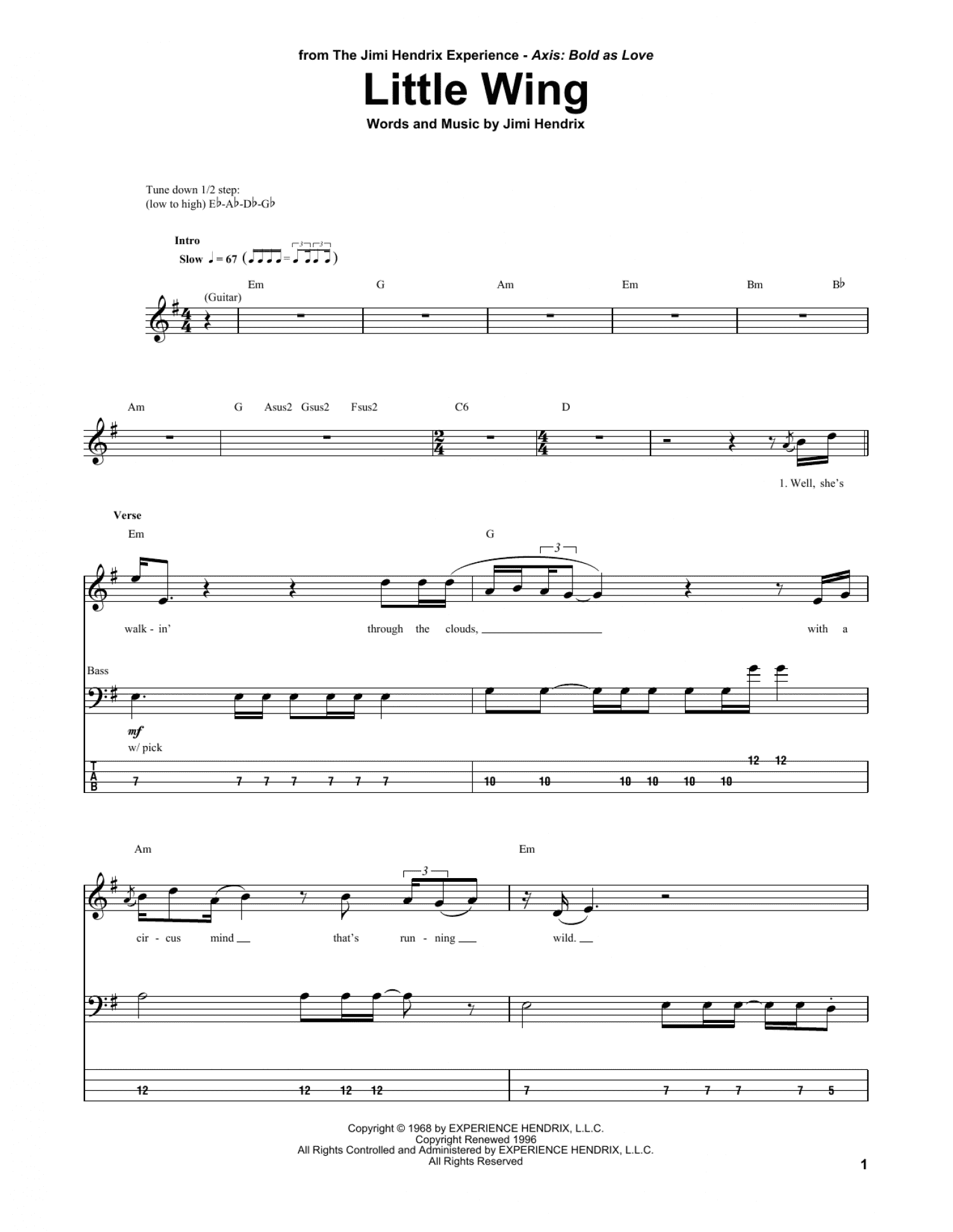 jimi hendrix little wing sheet music