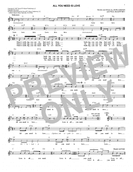 page one of All You Need Is Love (Lead Sheet / Fake Book)