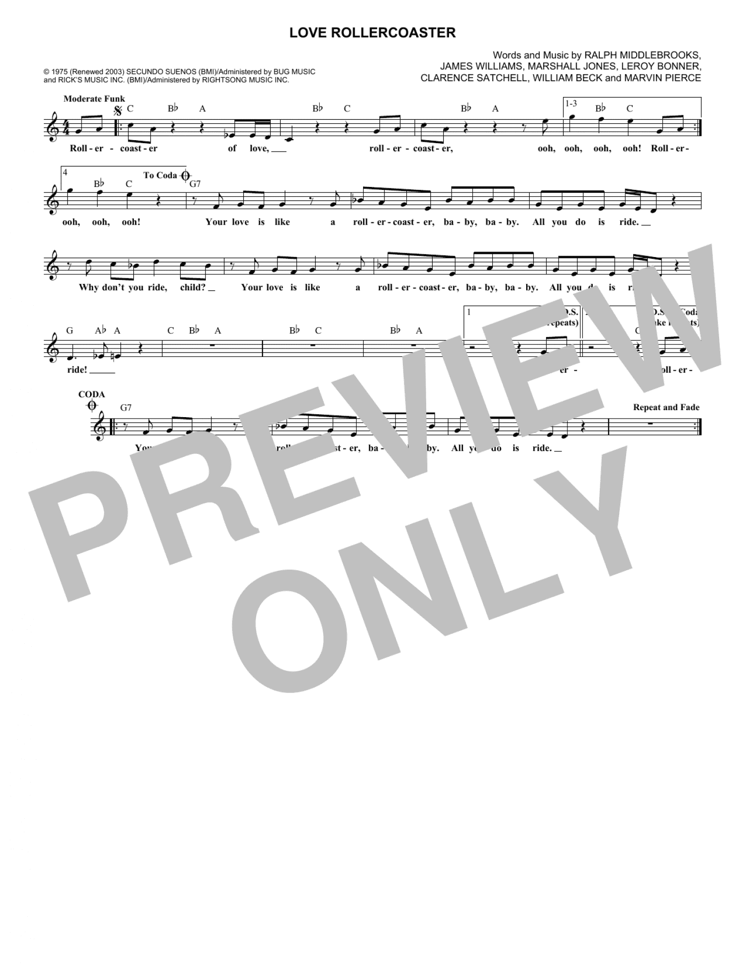 Love Rollercoaster Lead Sheet Fake Book Print Sheet Music Now