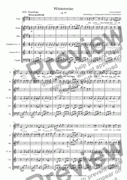 page one of Schubert’s "Winterreise" for woodwind quintet and tenor 19. "T Uschung"