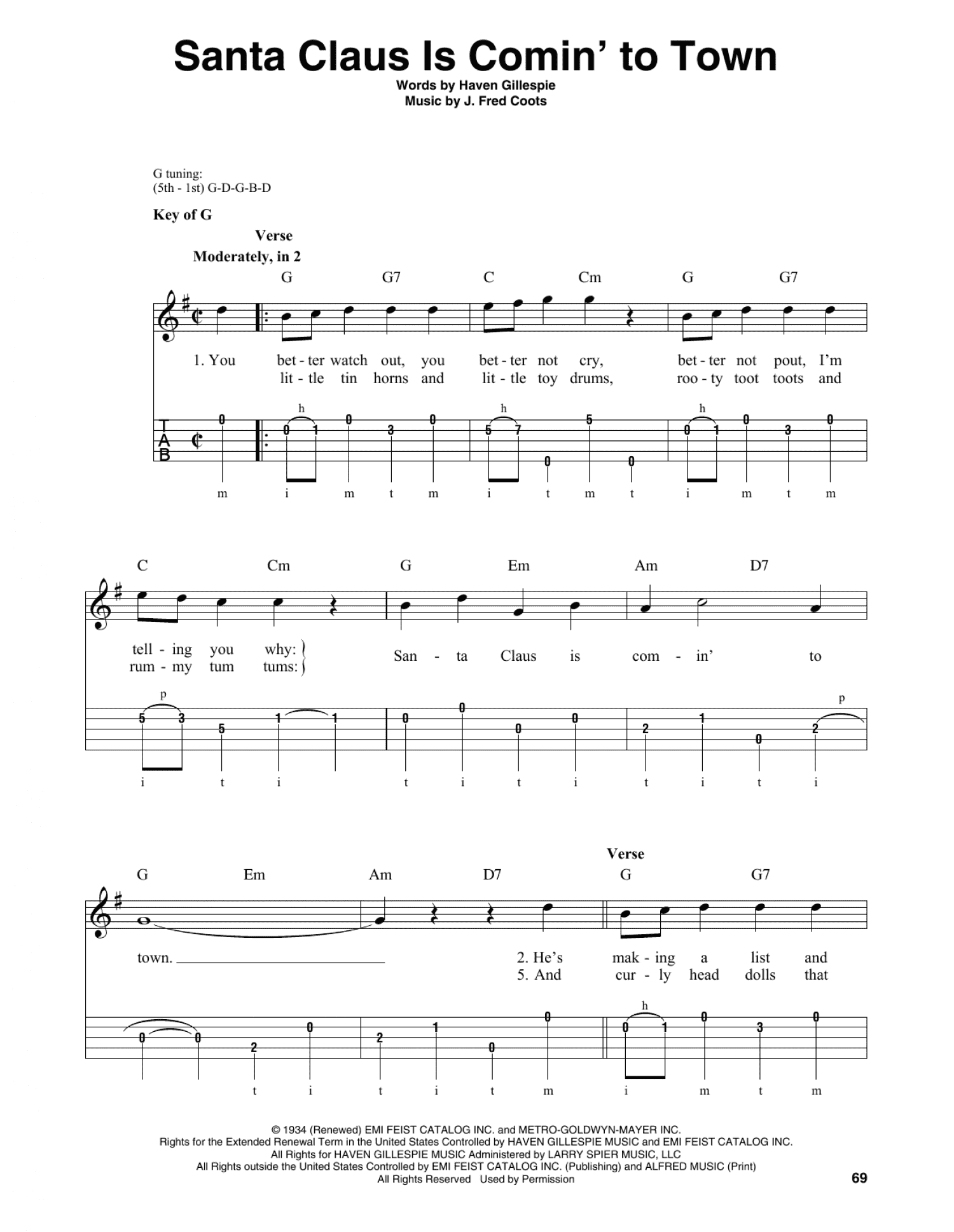 Santa Claus Is Comin' To Town (Banjo Tab) - Print Sheet Music Now