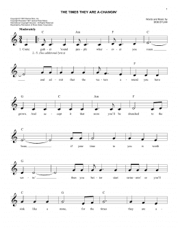 page one of The Times They Are A-Changin' (Easy Lead Sheet / Fake Book)