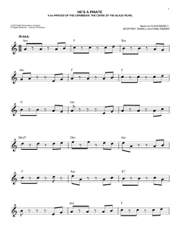 page one of He's A Pirate (from Pirates Of The Caribbean: The Curse of the Black Pearl) (Easy Lead Sheet / Fake Book)