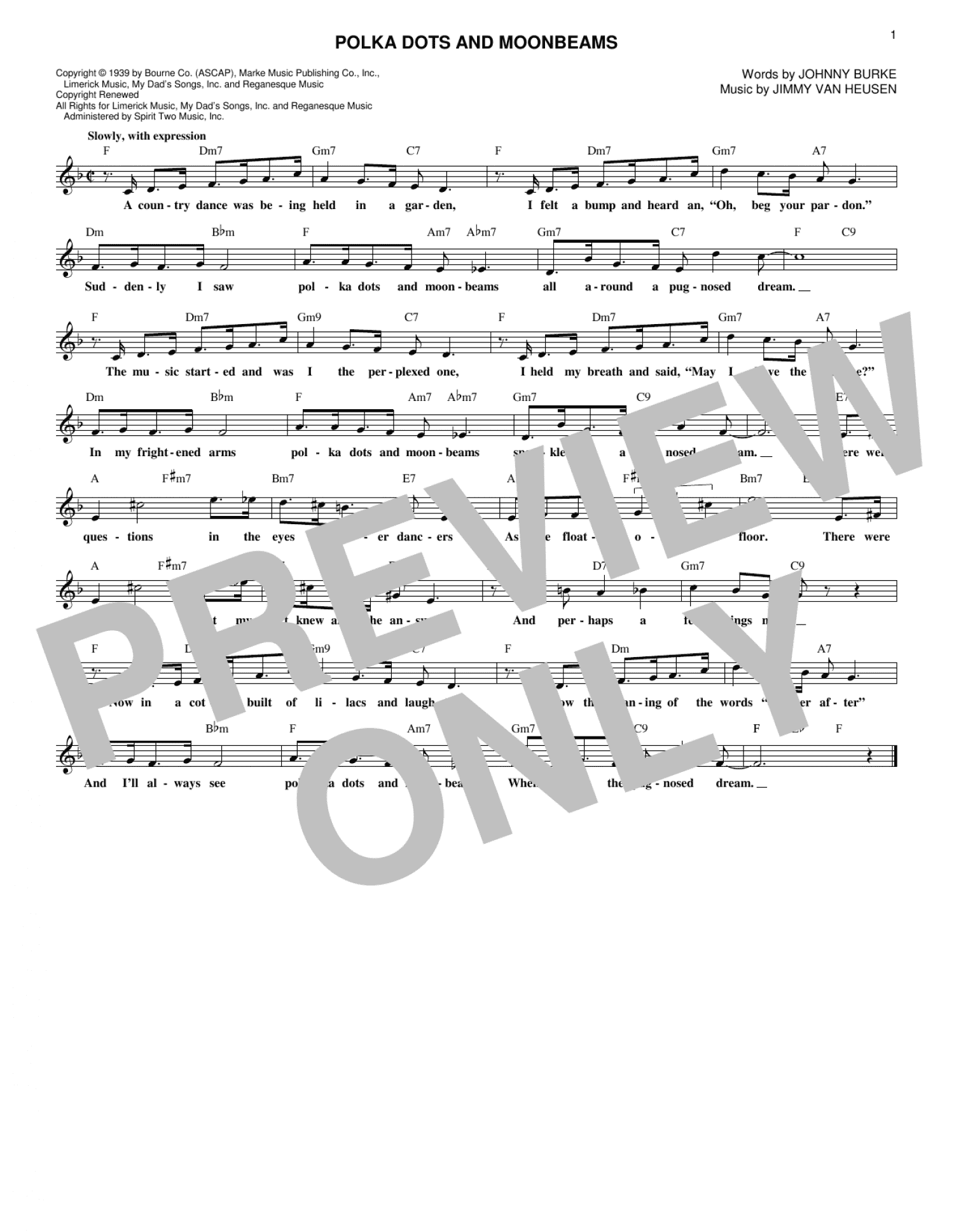 Polka Dots And Moonbeams Lead Sheet Fake Book Print Sheet Music