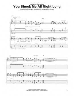 page one of You Shook Me All Night Long (Guitar Tab)