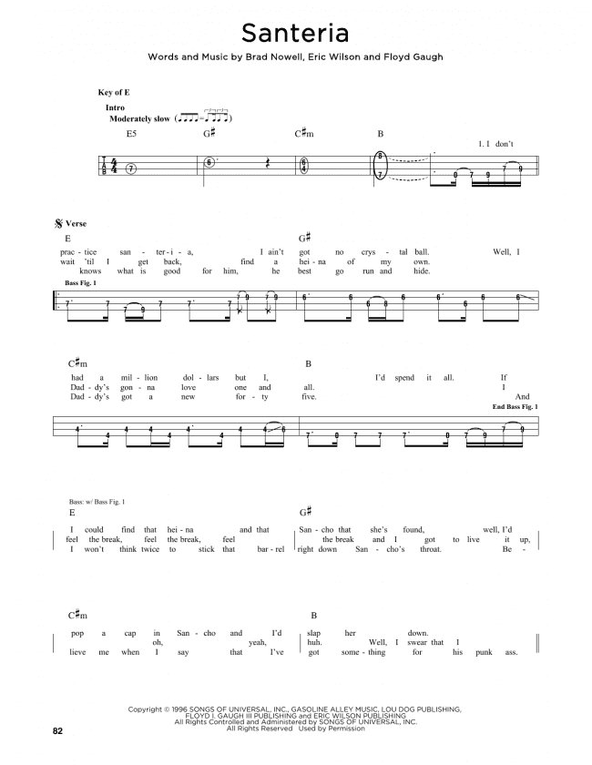 Santeria (Easy Bass Tab) - Print Sheet Music Now