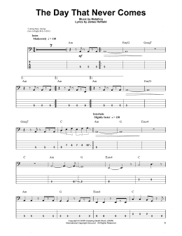 page one of The Day That Never Comes (Bass Guitar Tab)