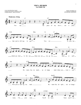 page one of You'll Be Back (from Hamilton) (Easy Lead Sheet / Fake Book)