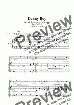 page one of Danny Boy for Solo Trombone/Euphonium in C (bass clef) and Piano. Version in A Minor