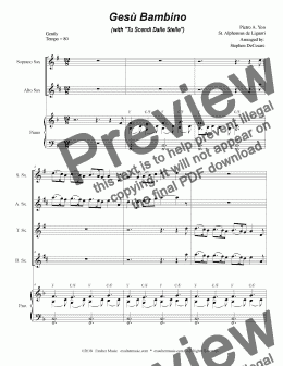 page one of Gesu Bambino (with "Tu Scendi Dalle Stelle") (for Saxophone Quartet & Piano)