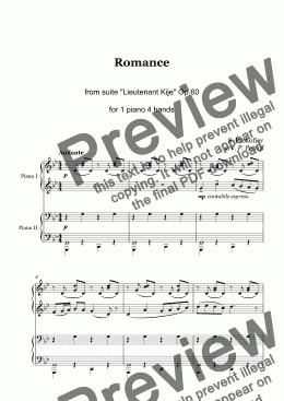 page one of Prokofiev - ROMANCE from ''Lieutenant Kije'' Op. 60 - 1 piano 4 hands