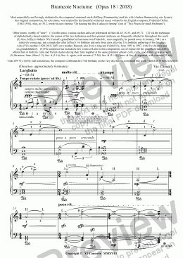 page one of Bramcote Nocturne   (Opus 18 / 2018)  Most respectfully and lovingly dedicated to the composer's maternal uncle (Jeff(rey) Hammersley) and his wife (Andrea Hammersley, née Lynne), this original composition, for solo piano, was inspired by the beautiful or