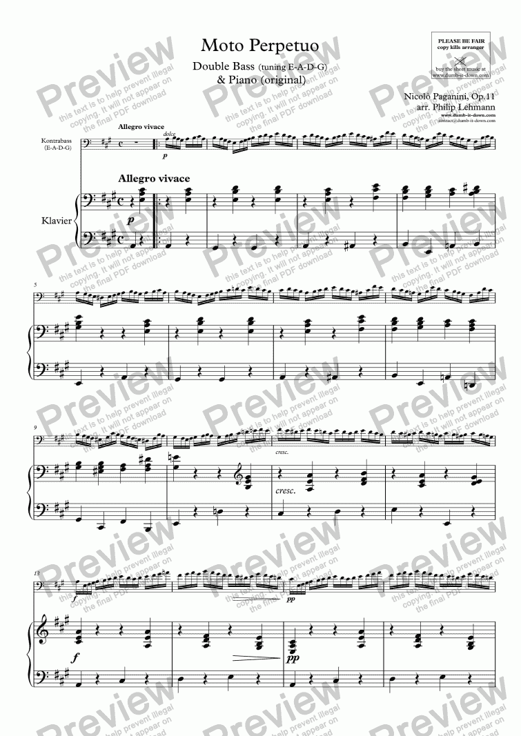 Paganini N Moto Perpetuo Op 11 For Double Bass E A D G F B E A Piano Orig