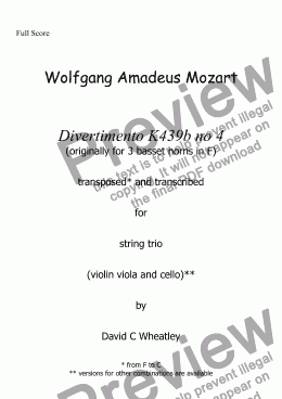 page one of Mozart - Divertimento K439b no 4 for string trio transcribed by David Wheatley