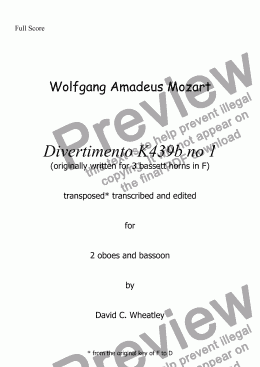 page one of Mozart - Divertimento K439b no 1 for 2 oboes and bassoon transcribed by David Wheatley