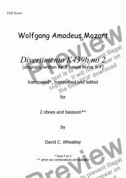 page one of Mozart - Divertimento K439b no 2 for 2 oboes and bassoon transcribed by David Wheatley