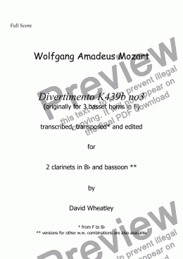 page one of Mozart - Divertimento K439b no 3 for 2 clarinets and bassoon transcribed by David Wheatley